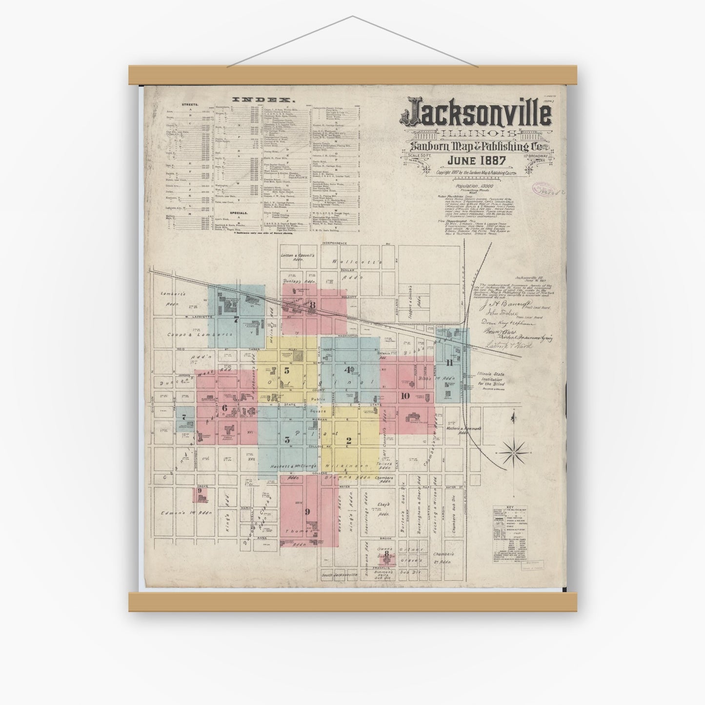 Old map wall art mockup — magnetic wood frame on white wall — Sanborn Fire Insurance Map from Jacksonville, Morgan County, Illinois (1887), Sheet #0001