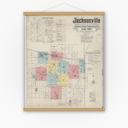 Old map wall art mockup — magnetic wood frame on white wall — Sanborn Fire Insurance Map from Jacksonville, Morgan County, Illinois (1887), Sheet #0001