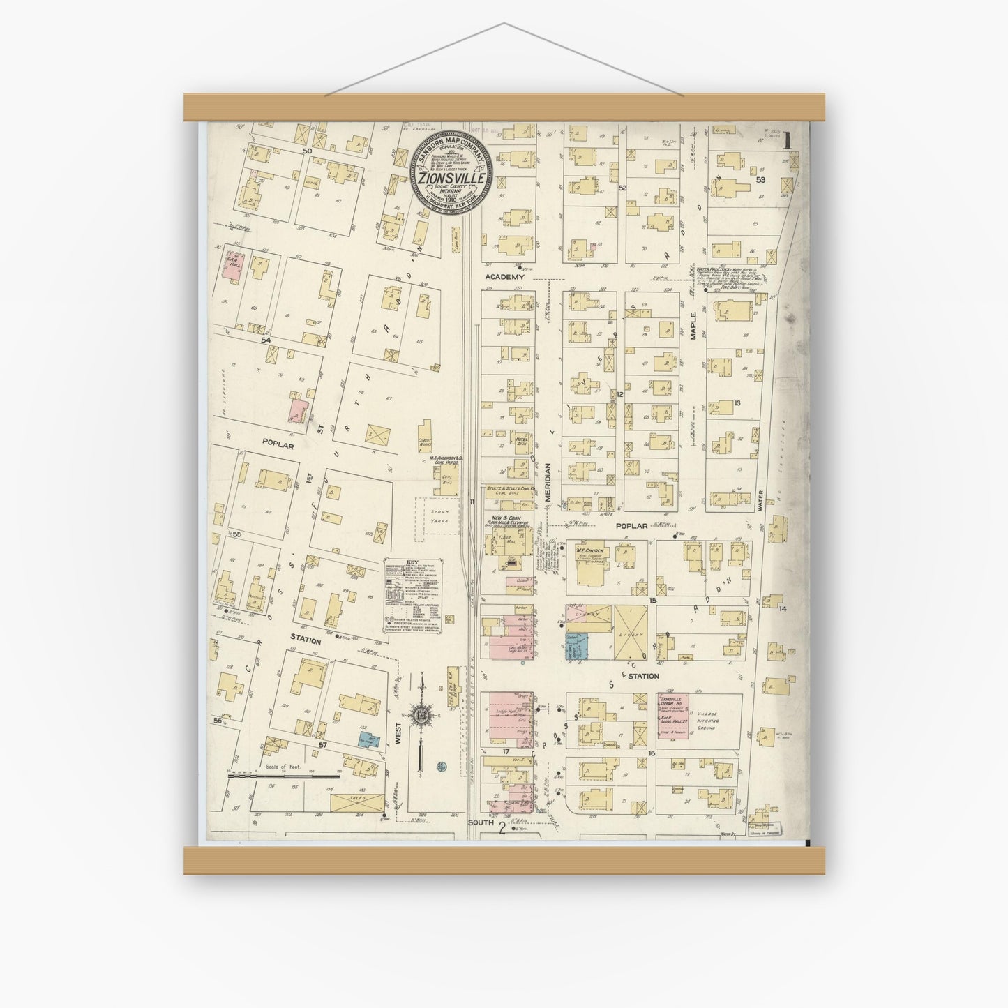 Old map wall art mockup — magnetic wood frame on white wall — Sanborn Fire Insurance Map from Zionsville, Boone County, Indiana (1910) - Complete Map Set