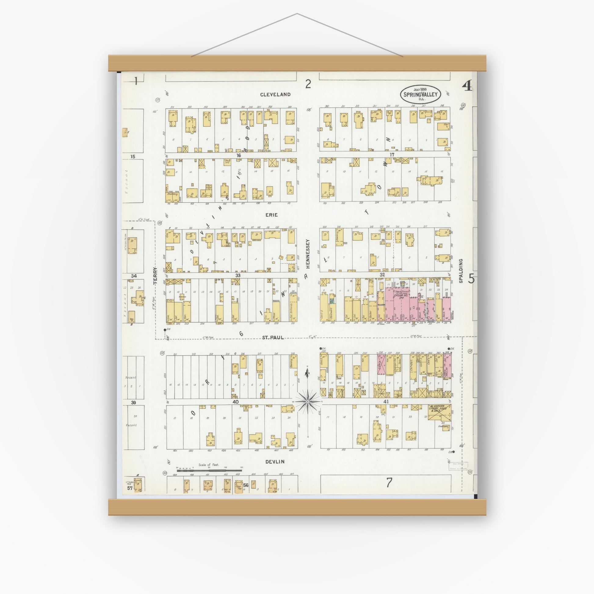 Old map wall art mockup — magnetic wood frame on white wall — Sanborn Fire Insurance Map from Spring Valley, Bureau County, Illinois (1899), Sheet #0004