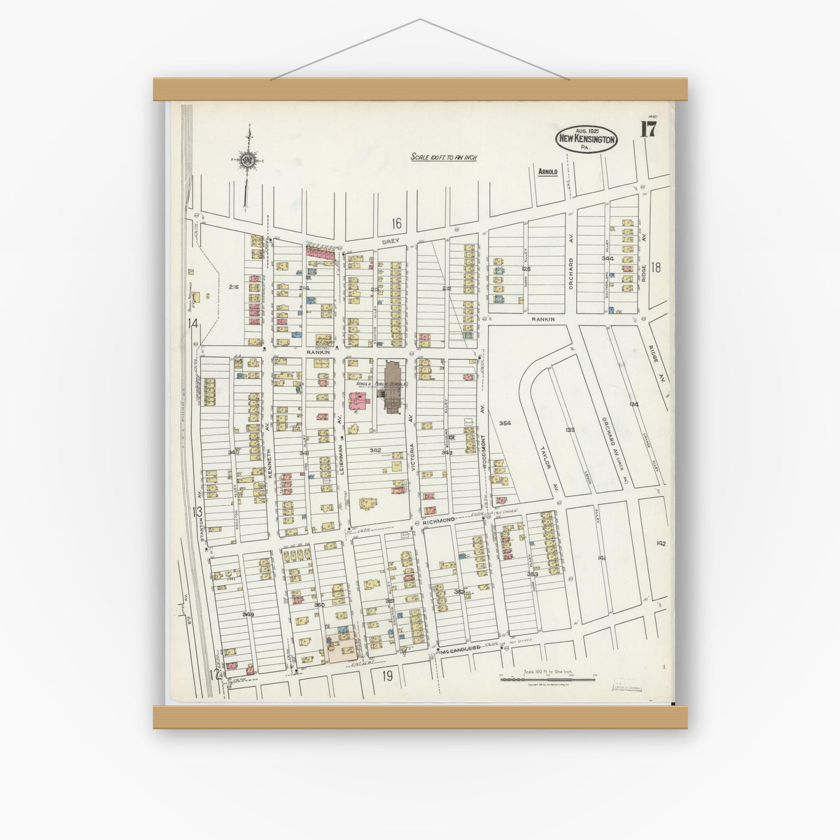 Old map wall art mockup — magnetic wood frame on white wall — Sanborn Fire Insurance Map from New Kensington, Westmoreland County, Pennsylvania (1921), Sheet #0017