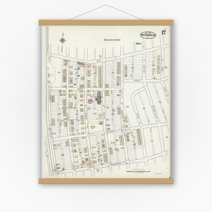 Old map wall art mockup — magnetic wood frame on white wall — Sanborn Fire Insurance Map from New Kensington, Westmoreland County, Pennsylvania (1921), Sheet #0017