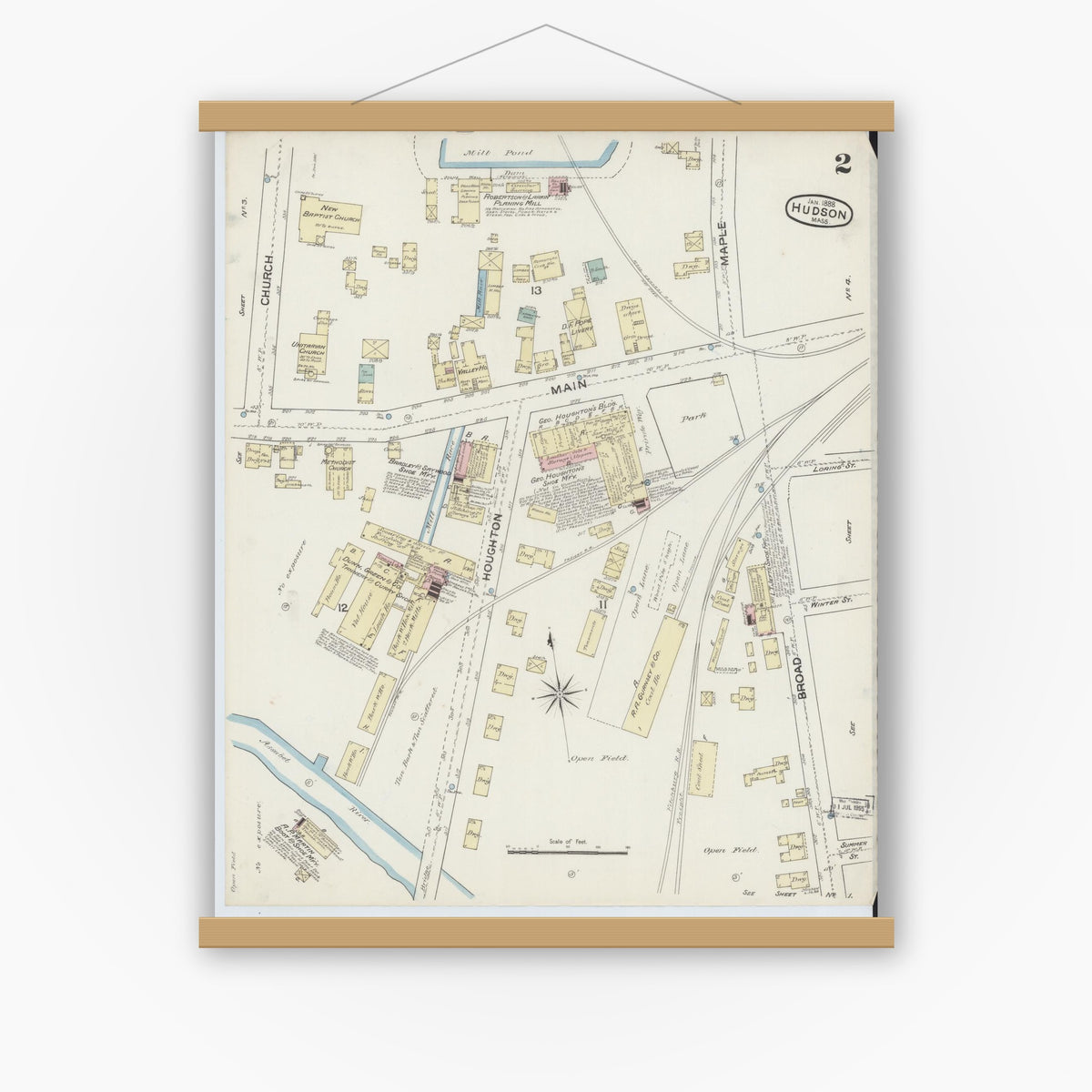 Old map wall art mockup — magnetic wood frame on white wall — Sanborn Fire Insurance Map from Hudson, Middlesex County, Massachusetts (1888), Sheet #0002