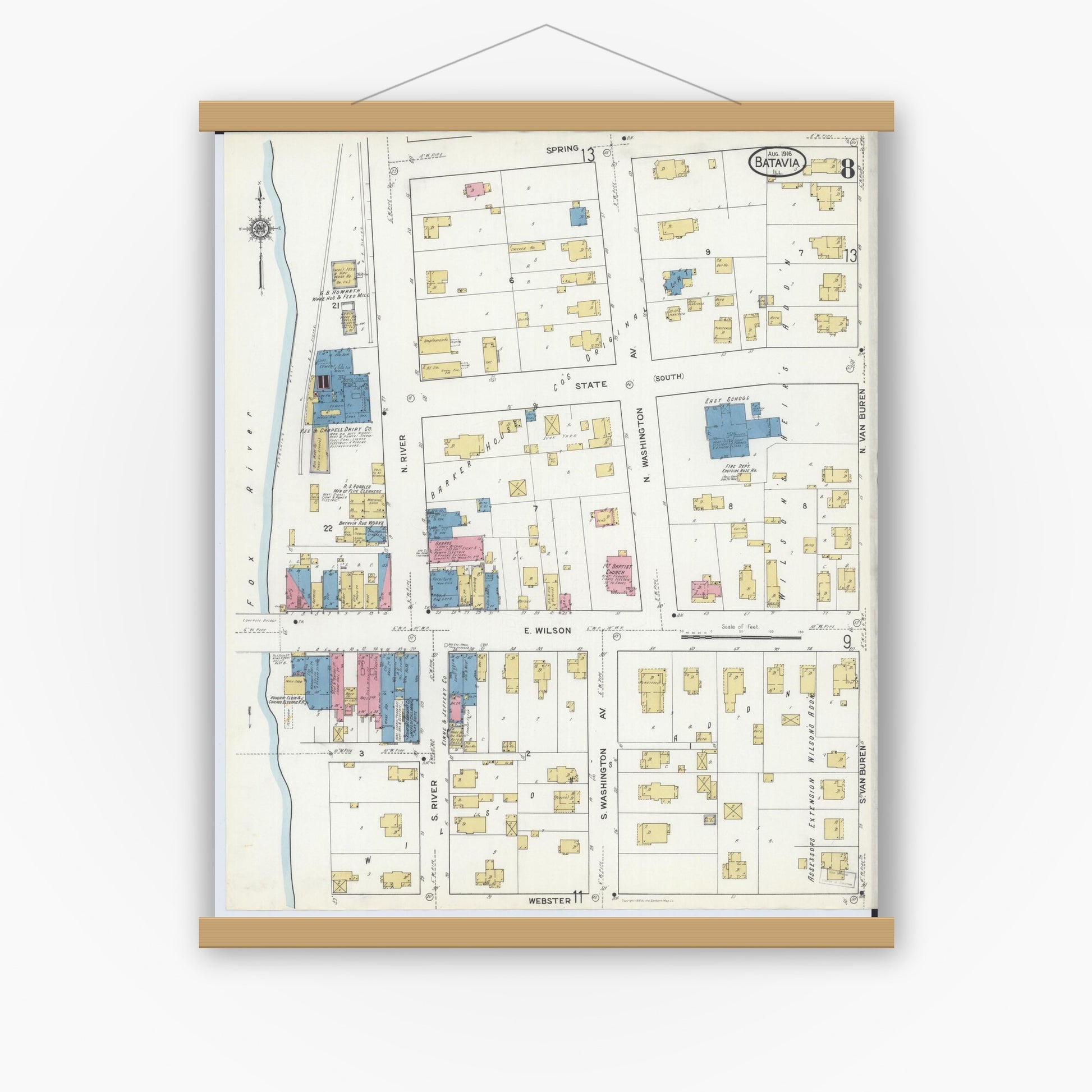 Old map wall art mockup — magnetic wood frame on white wall — Sanborn Fire Insurance Map from Batavia, Kane County, Illinois (1916), Sheet #0008