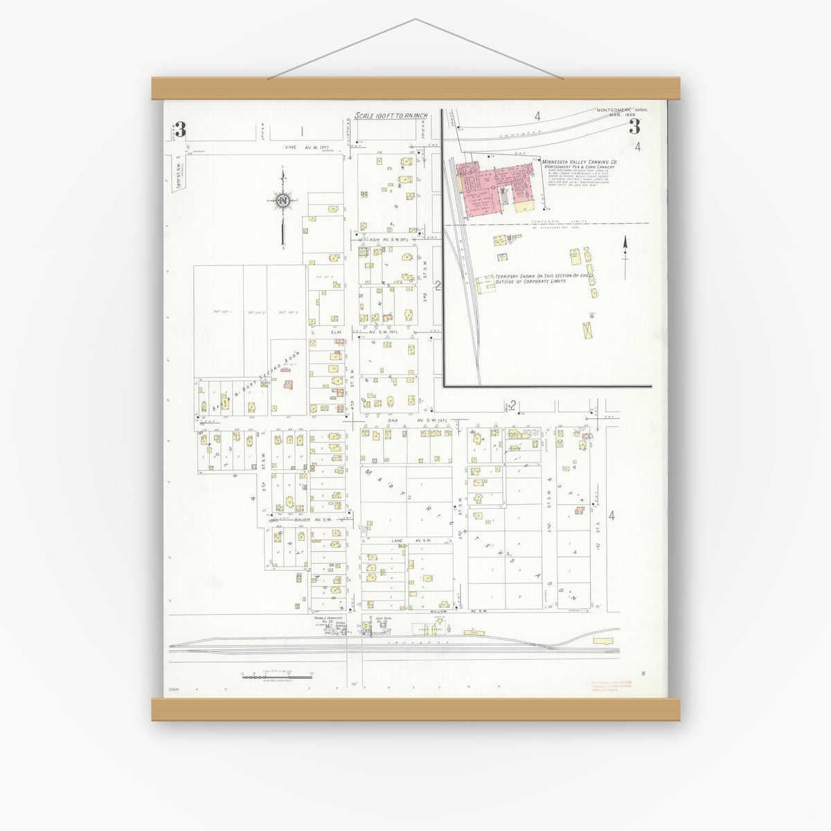 Old map wall art mockup — magnetic wood frame on white wall — Sanborn Fire Insurance Map from Montgomery, Le Sueur  County, Minnesota (1938), Sheet #0003
