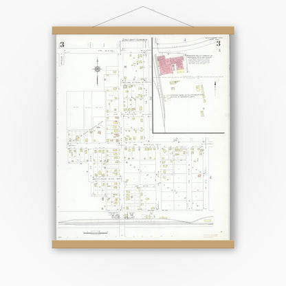 Old map wall art mockup — magnetic wood frame on white wall — Sanborn Fire Insurance Map from Montgomery, Le Sueur  County, Minnesota (1938), Sheet #0003