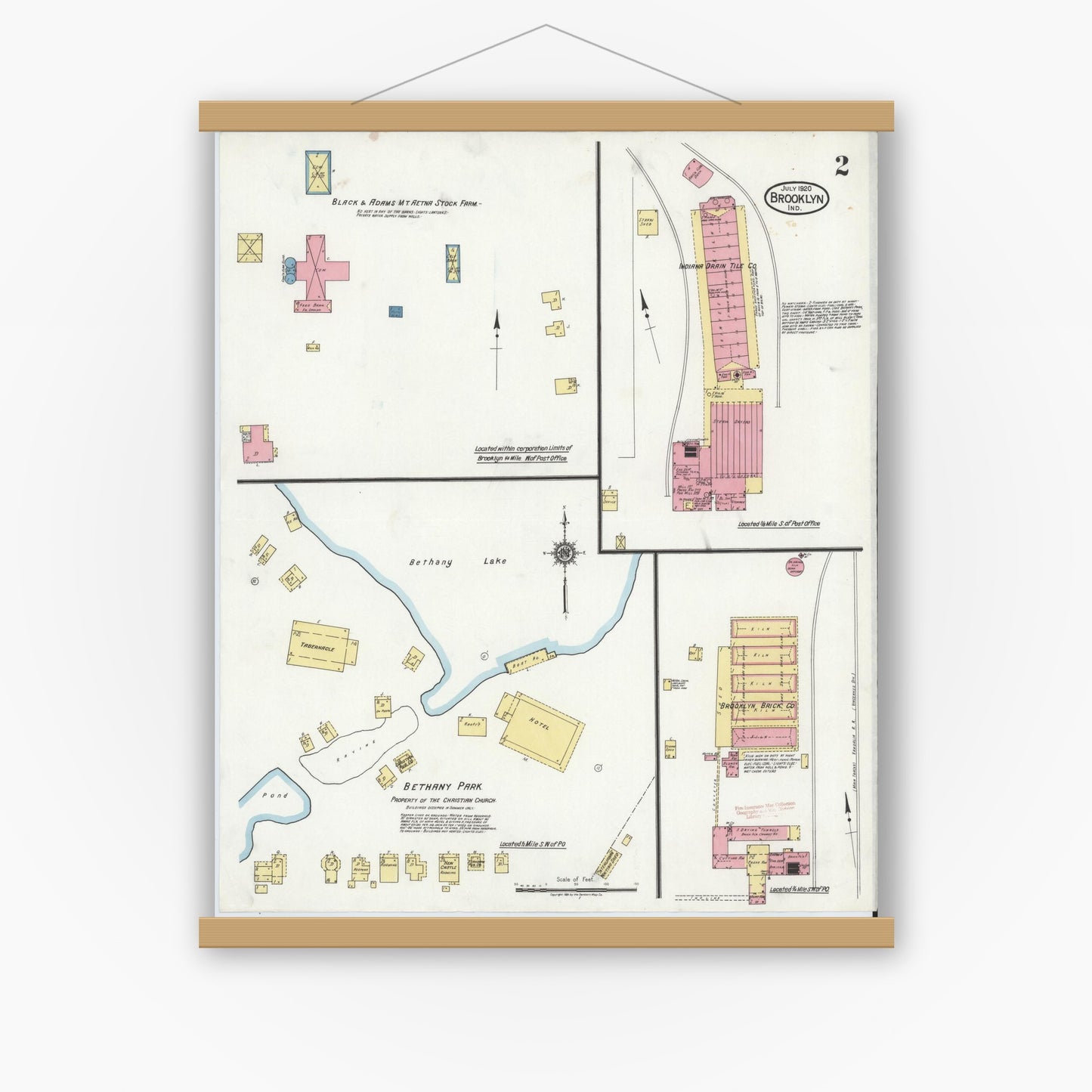 Old map wall art mockup — magnetic wood frame on white wall — Sanborn Fire Insurance Map from Brooklyn, Morgan County, Indiana (1920), Sheet #0002