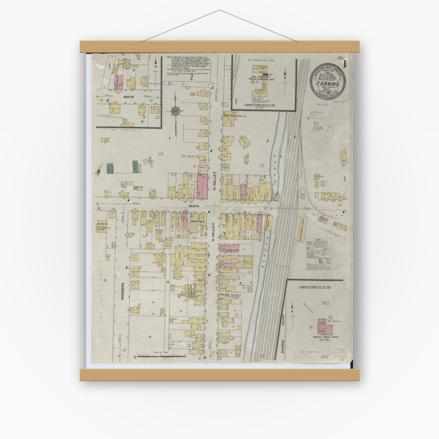 Old map wall art mockup — magnetic wood frame on white wall — Sanborn Fire Insurance Map from Corning, Perry County, Ohio (1909) - Complete Map Set