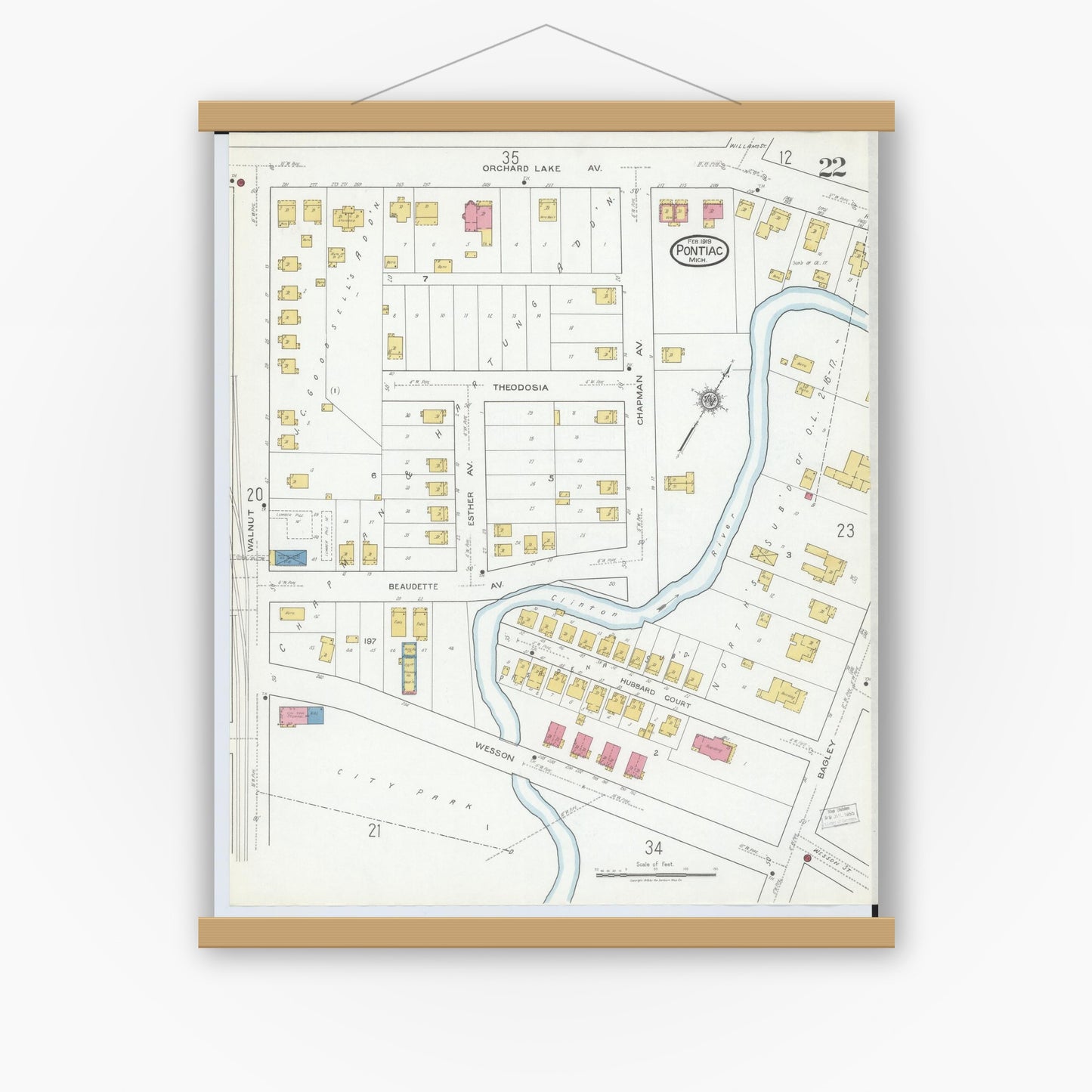 Old map wall art mockup — magnetic wood frame on white wall — Sanborn Fire Insurance Map from Pontiac, Oakland County, Michigan (1919), Sheet #0022