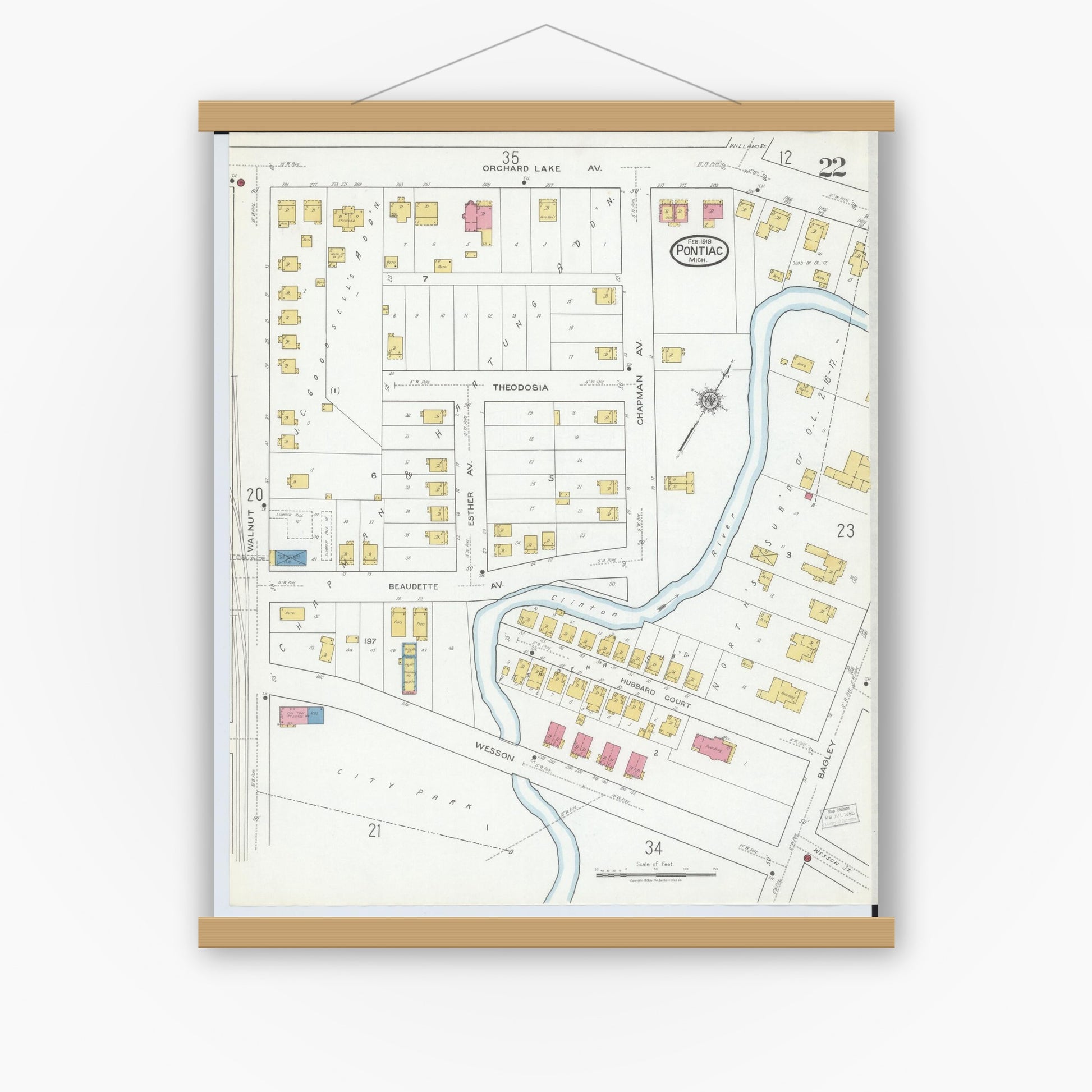 Old map wall art mockup — magnetic wood frame on white wall — Sanborn Fire Insurance Map from Pontiac, Oakland County, Michigan (1919), Sheet #0022