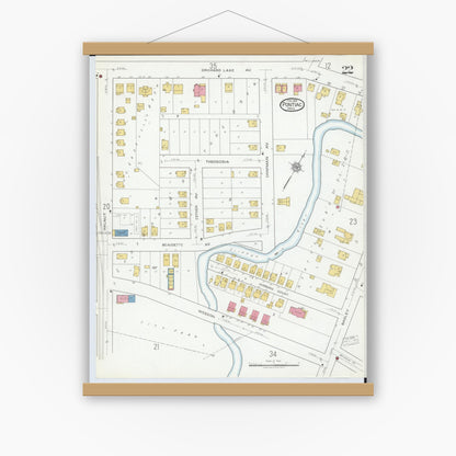 Old map wall art mockup — magnetic wood frame on white wall — Sanborn Fire Insurance Map from Pontiac, Oakland County, Michigan (1919), Sheet #0022