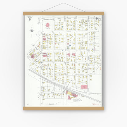 Old map wall art mockup — magnetic wood frame on white wall — Sanborn Fire Insurance Map from Harvard, McHenry County, Illinois (1934), Sheet #0006