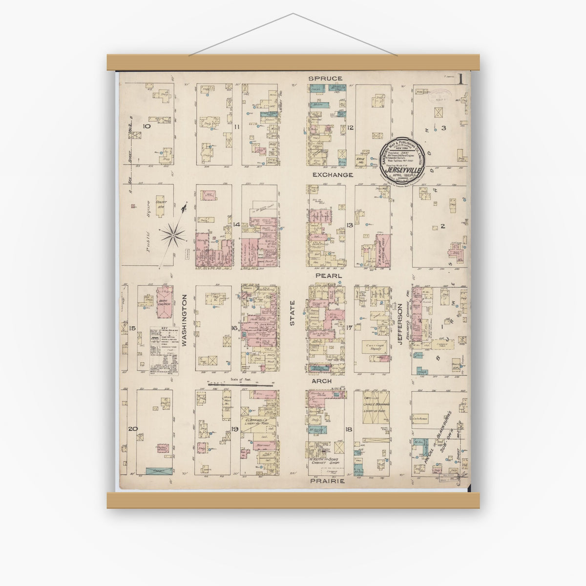 Old map wall art mockup — magnetic wood frame on white wall — Sanborn Fire Insurance Map from Jerseyville, Jersey County, Illinois (1885), Sheet #0001