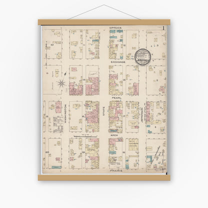 Old map wall art mockup — magnetic wood frame on white wall — Sanborn Fire Insurance Map from Jerseyville, Jersey County, Illinois (1885), Sheet #0001