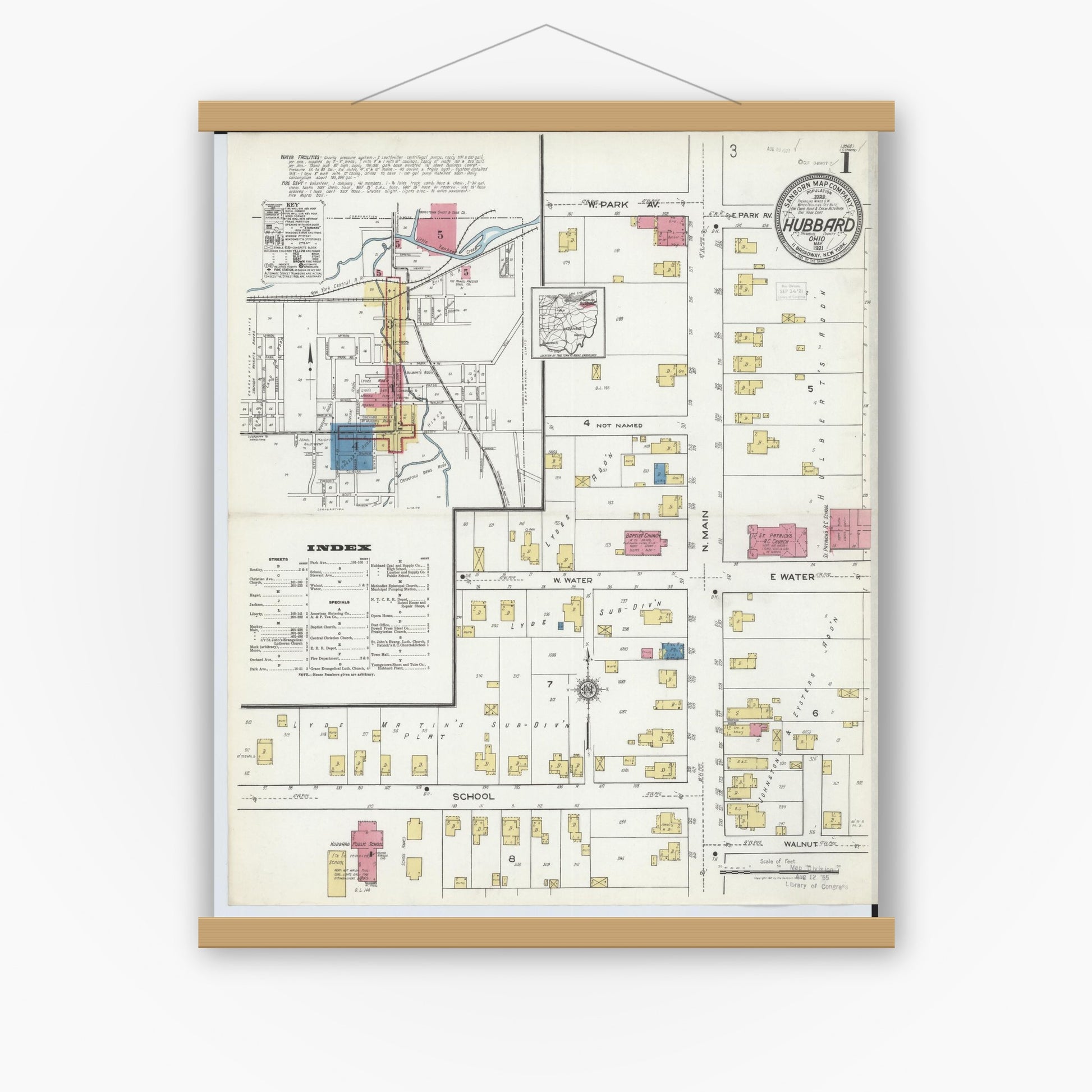 Old map wall art mockup — magnetic wood frame on white wall — Sanborn Fire Insurance Map from Hubbard, Trumbull County, Ohio (1921) - Complete Map Set
