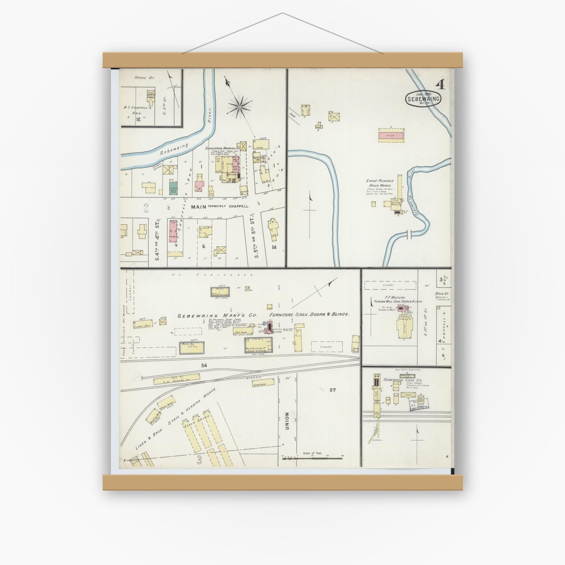 Old map wall art mockup — magnetic wood frame on white wall — Sanborn Fire Insurance Map from Sebewaing, Huron County, Michigan (1895), Sheet #0004