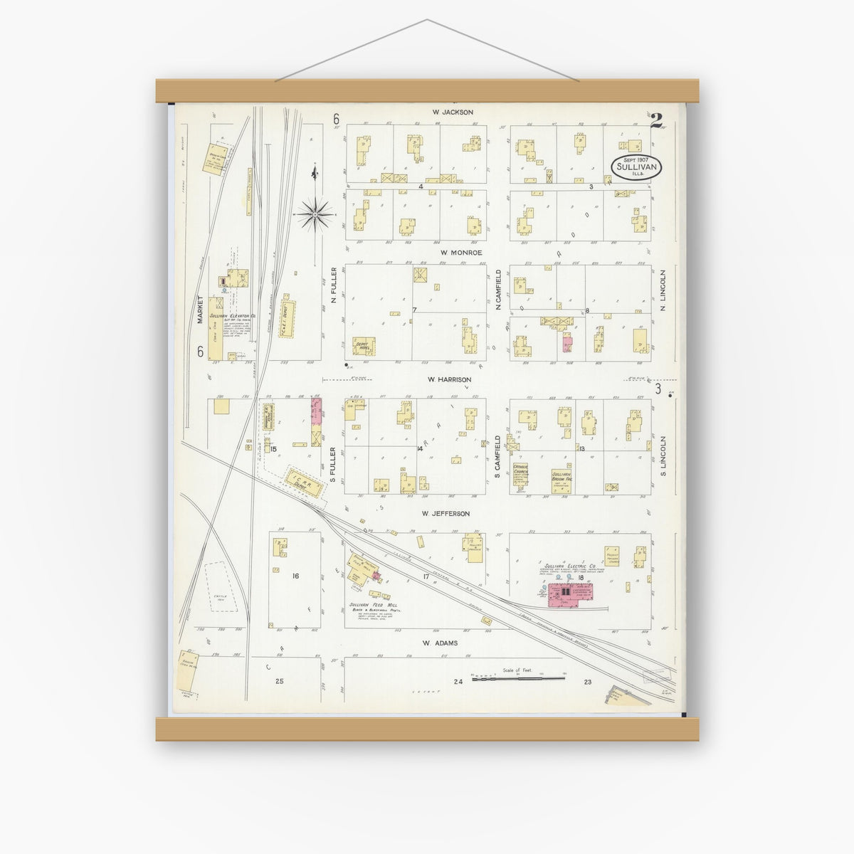 Old map wall art mockup — magnetic wood frame on white wall — Sanborn Fire Insurance Map from Sullivan, Moultrie County, Illinois (1907), Sheet #0002