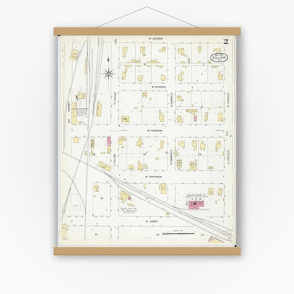 Old map wall art mockup — magnetic wood frame on white wall — Sanborn Fire Insurance Map from Sullivan, Moultrie County, Illinois (1907), Sheet #0002