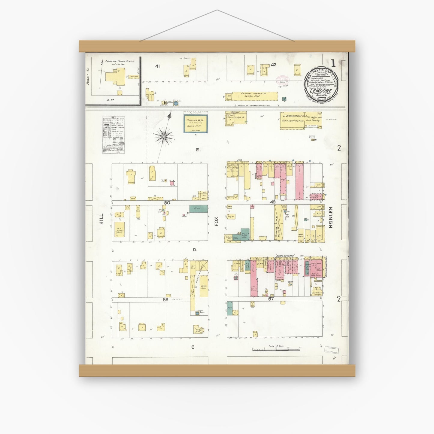 Old map wall art mockup — magnetic wood frame on white wall — Sanborn Fire Insurance Map from Lemoore, Kings County, California (1896) - Complete Map Set