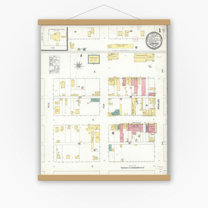 Old map wall art mockup — magnetic wood frame on white wall — Sanborn Fire Insurance Map from Lemoore, Kings County, California (1896) - Complete Map Set