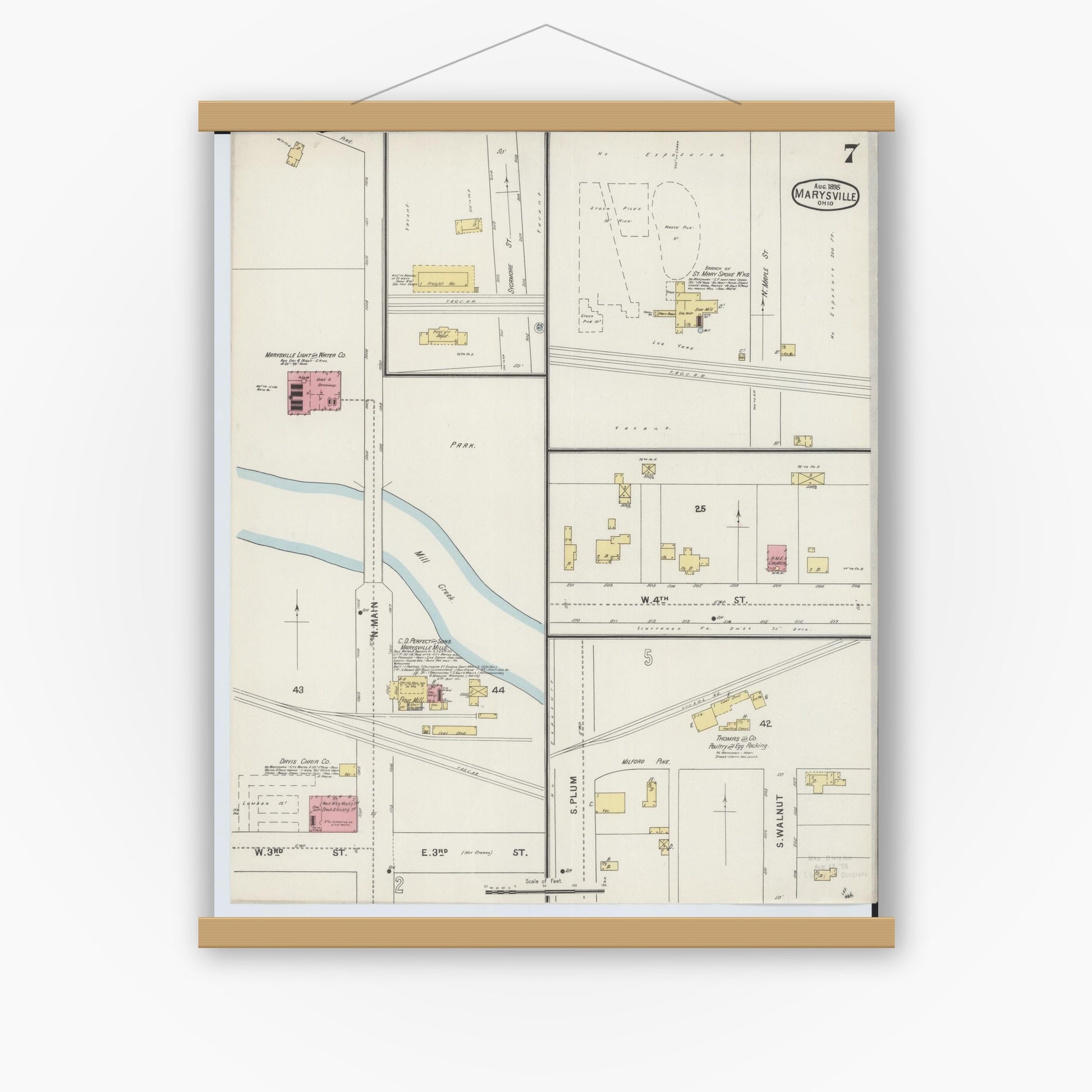 Old map wall art mockup — magnetic wood frame on white wall — Sanborn Fire Insurance Map from Marysville, Union County, Ohio (1895), Sheet #0007