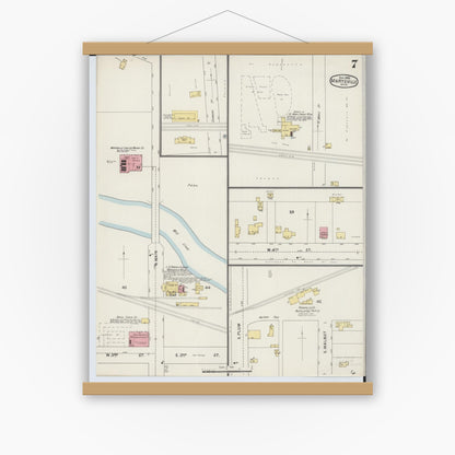 Old map wall art mockup — magnetic wood frame on white wall — Sanborn Fire Insurance Map from Marysville, Union County, Ohio (1895), Sheet #0007