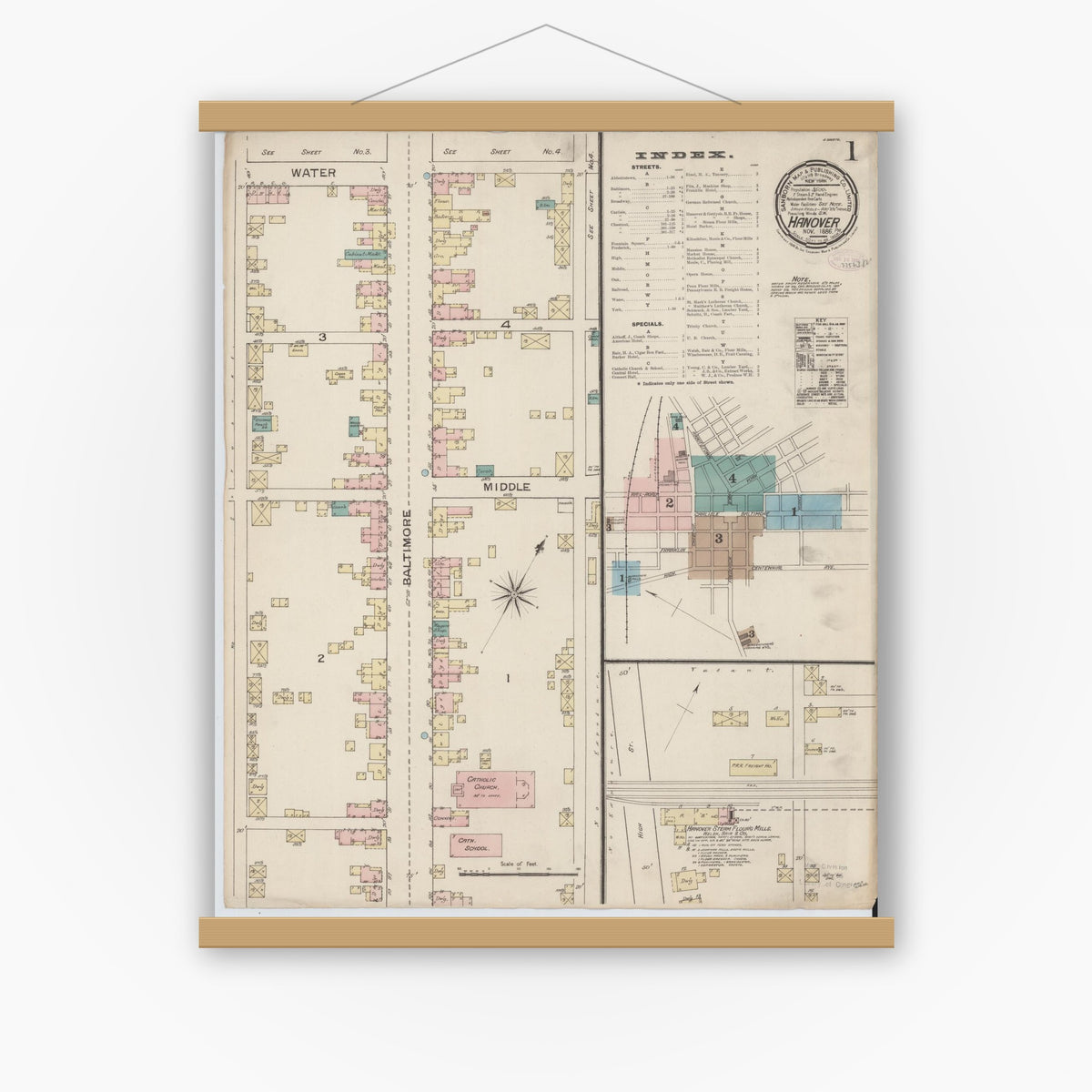 Old map wall art mockup — magnetic wood frame on white wall — Sanborn Fire Insurance Map from Hanover, York County, Pennsylvania (1886), Sheet #0001