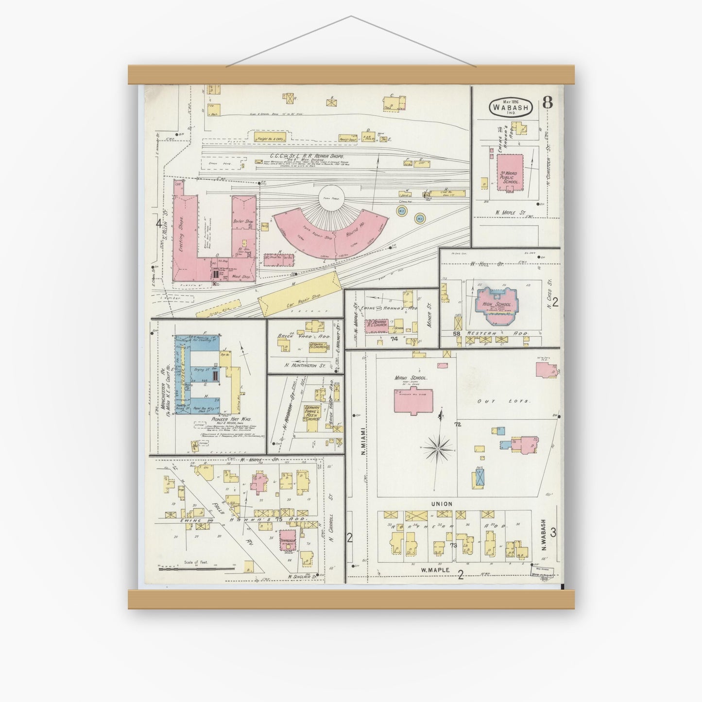 Old map wall art mockup — magnetic wood frame on white wall — Sanborn Fire Insurance Map from Wabash, Wabash County, Indiana (1896), Sheet #0008