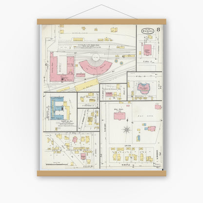 Old map wall art mockup — magnetic wood frame on white wall — Sanborn Fire Insurance Map from Wabash, Wabash County, Indiana (1896), Sheet #0008