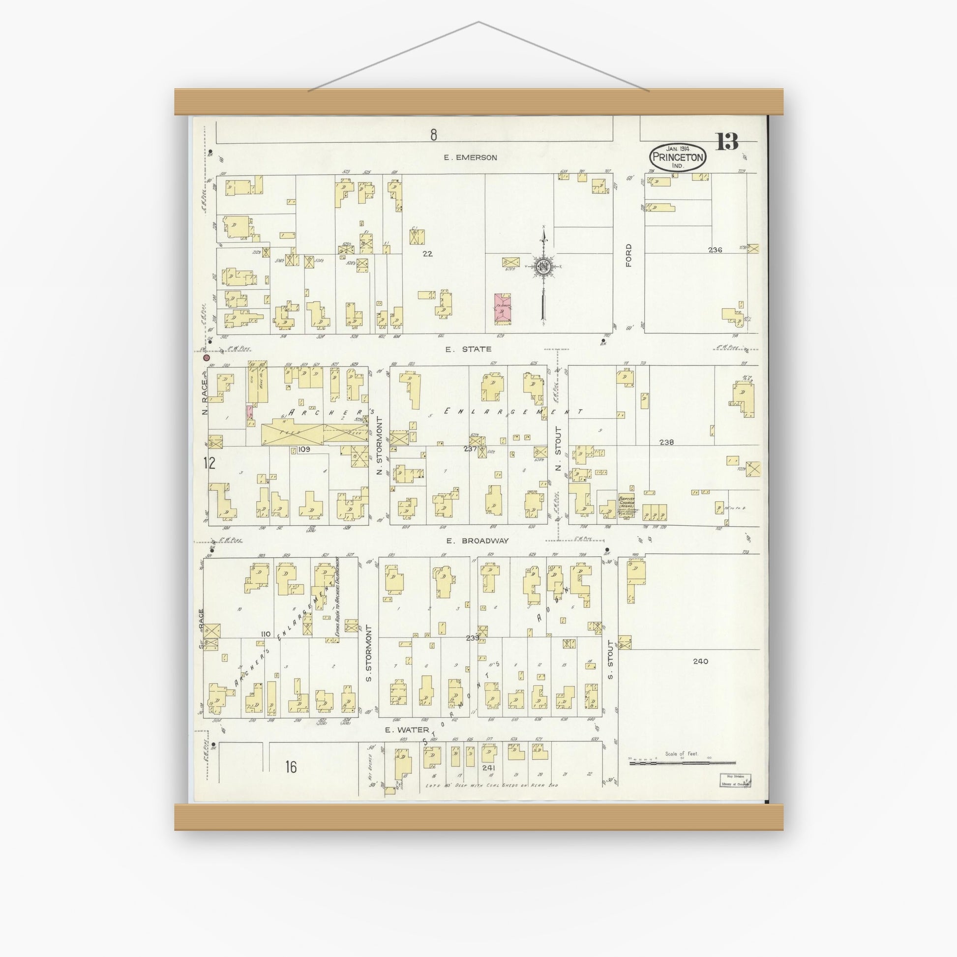 Old map wall art mockup — magnetic wood frame on white wall — Sanborn Fire Insurance Map from Princeton, Gibson County, Indiana (1914), Sheet #0013