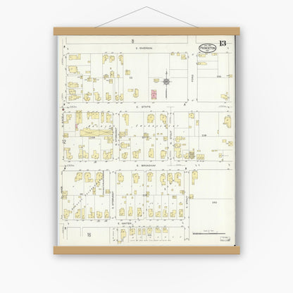 Old map wall art mockup — magnetic wood frame on white wall — Sanborn Fire Insurance Map from Princeton, Gibson County, Indiana (1914), Sheet #0013