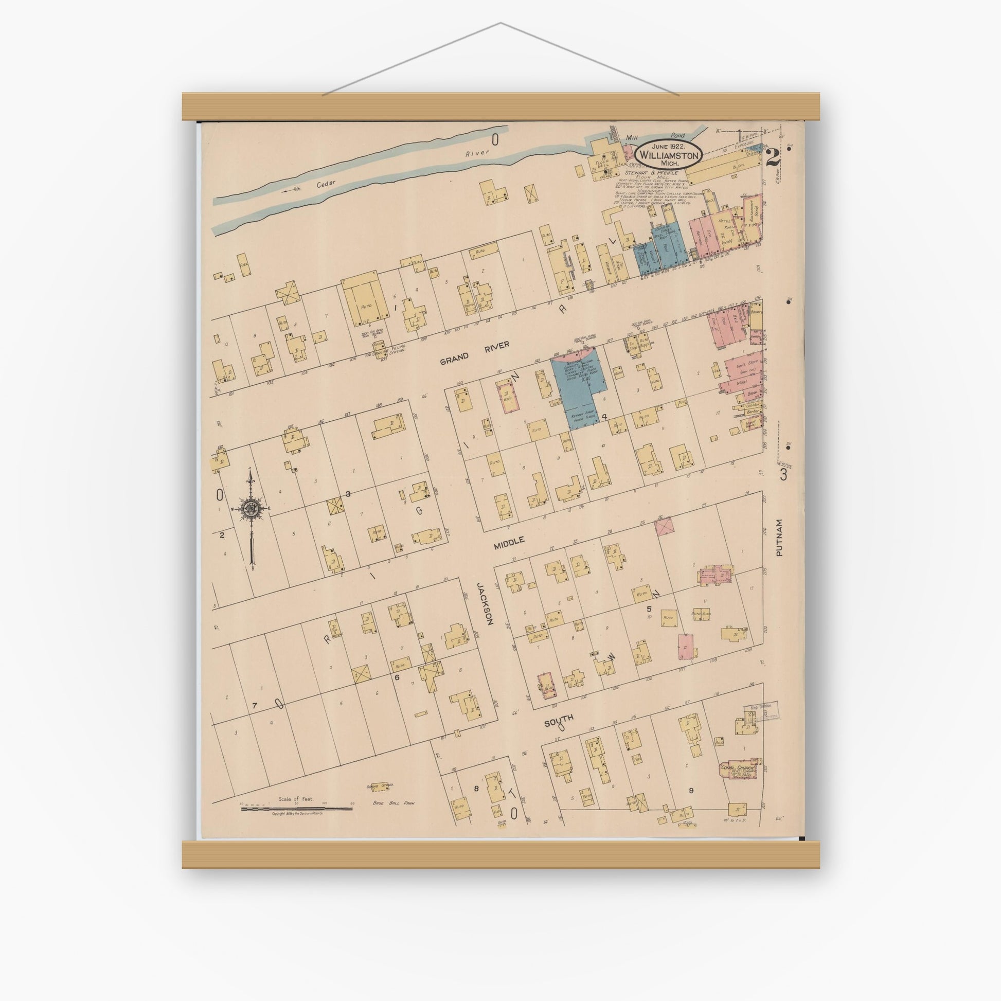 Old map wall art mockup — magnetic wood frame on white wall — Sanborn Fire Insurance Map from Williamston, Ingham County, Michigan (1922), Sheet #0002