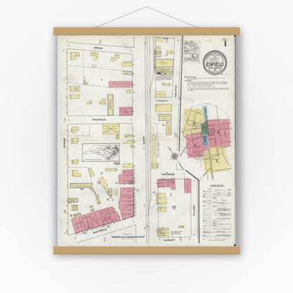 Old map wall art mockup — magnetic wood frame on white wall — Sanborn Fire Insurance Map from Enfield, Halifax County, North Carolina (1921), Sheet #0001