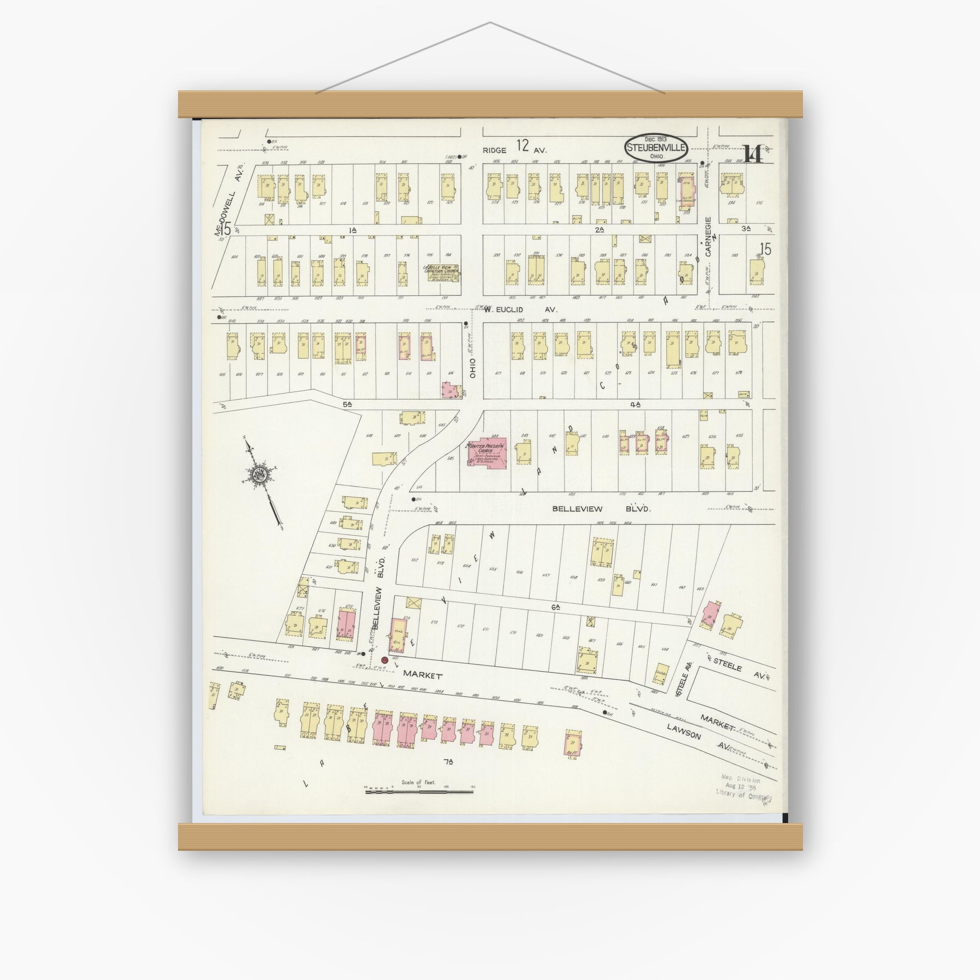 Old map wall art mockup — magnetic wood frame on white wall — Sanborn Fire Insurance Map from Steubenville, Jefferson County, Ohio (1913), Sheet #0014