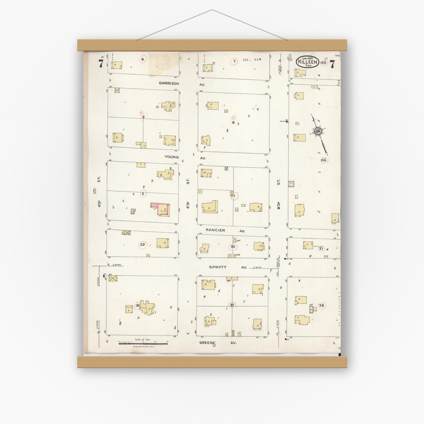 Old map wall art mockup — magnetic wood frame on white wall — Sanborn Fire Insurance Map from Killeen, Bell County, Texas (1937), Sheet #0007
