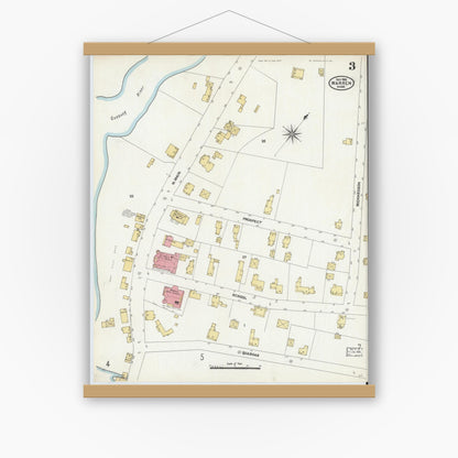 Old map wall art mockup — magnetic wood frame on white wall — Sanborn Fire Insurance Map from Warren, Worcester County, Massachusetts (1906), Sheet #0003