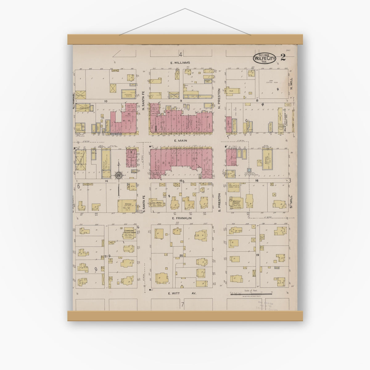 Old map wall art mockup — magnetic wood frame on white wall — Sanborn Fire Insurance Map from Wolfe City, Hunt County, Texas (1922), Sheet #0002