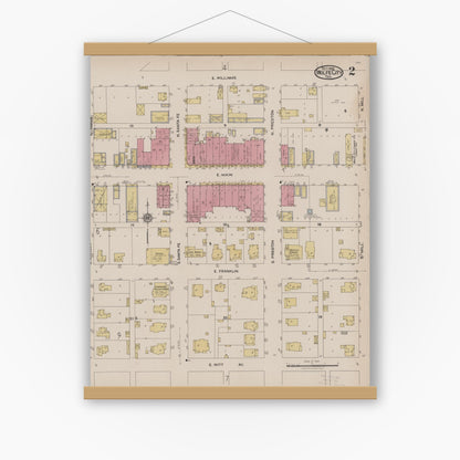 Old map wall art mockup — magnetic wood frame on white wall — Sanborn Fire Insurance Map from Wolfe City, Hunt County, Texas (1922), Sheet #0002