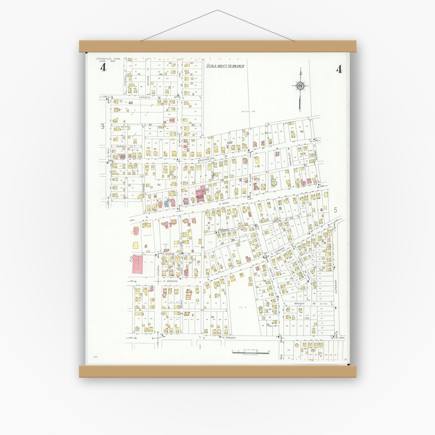 Old map wall art mockup — magnetic wood frame on white wall — Sanborn Fire Insurance Map from Louisville, Stark County, Ohio (1933), Sheet #0004
