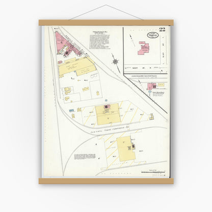Old map wall art mockup — magnetic wood frame on white wall — Sanborn Fire Insurance Map from Temple, Bell County, Texas (1910), Sheet #0022