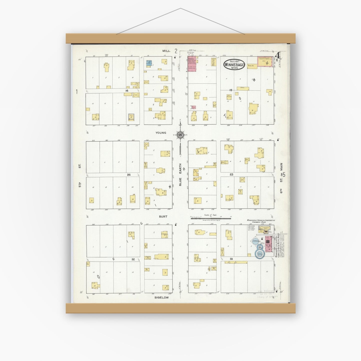 Old map wall art mockup — magnetic wood frame on white wall — Sanborn Fire Insurance Map from Winnebago, Faribault County, Minnesota (1917), Sheet #0004
