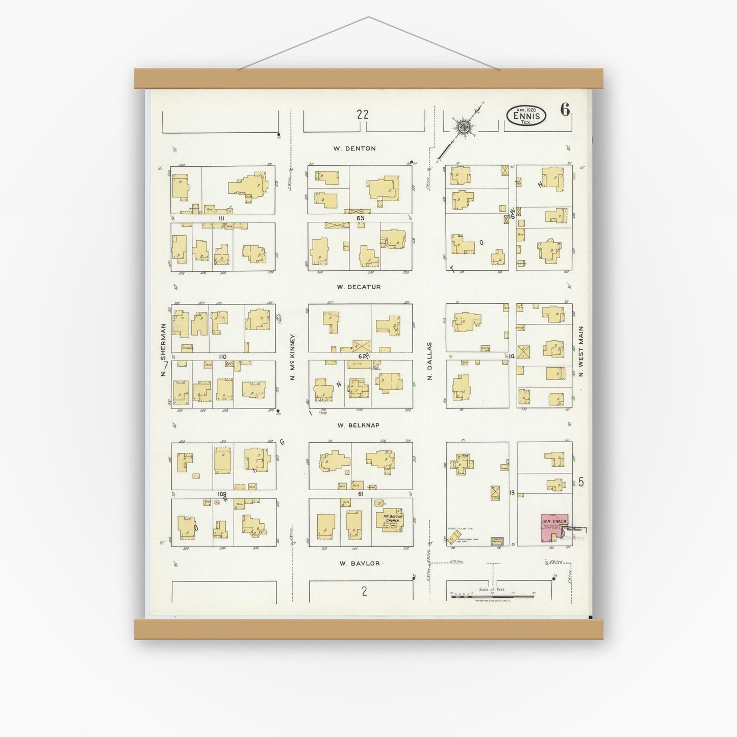 Old map wall art mockup — magnetic wood frame on white wall — Sanborn Fire Insurance Map from Ennis, Ellis County, Texas (1920), Sheet #0006