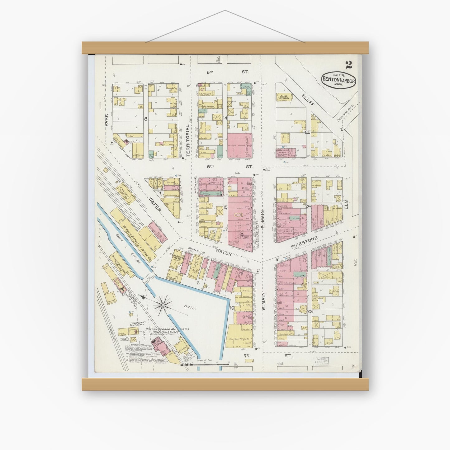 Old map wall art mockup — magnetic wood frame on white wall — Sanborn Fire Insurance Map from Benton Harbor, Berrien County, Michigan (1892), Sheet #0002