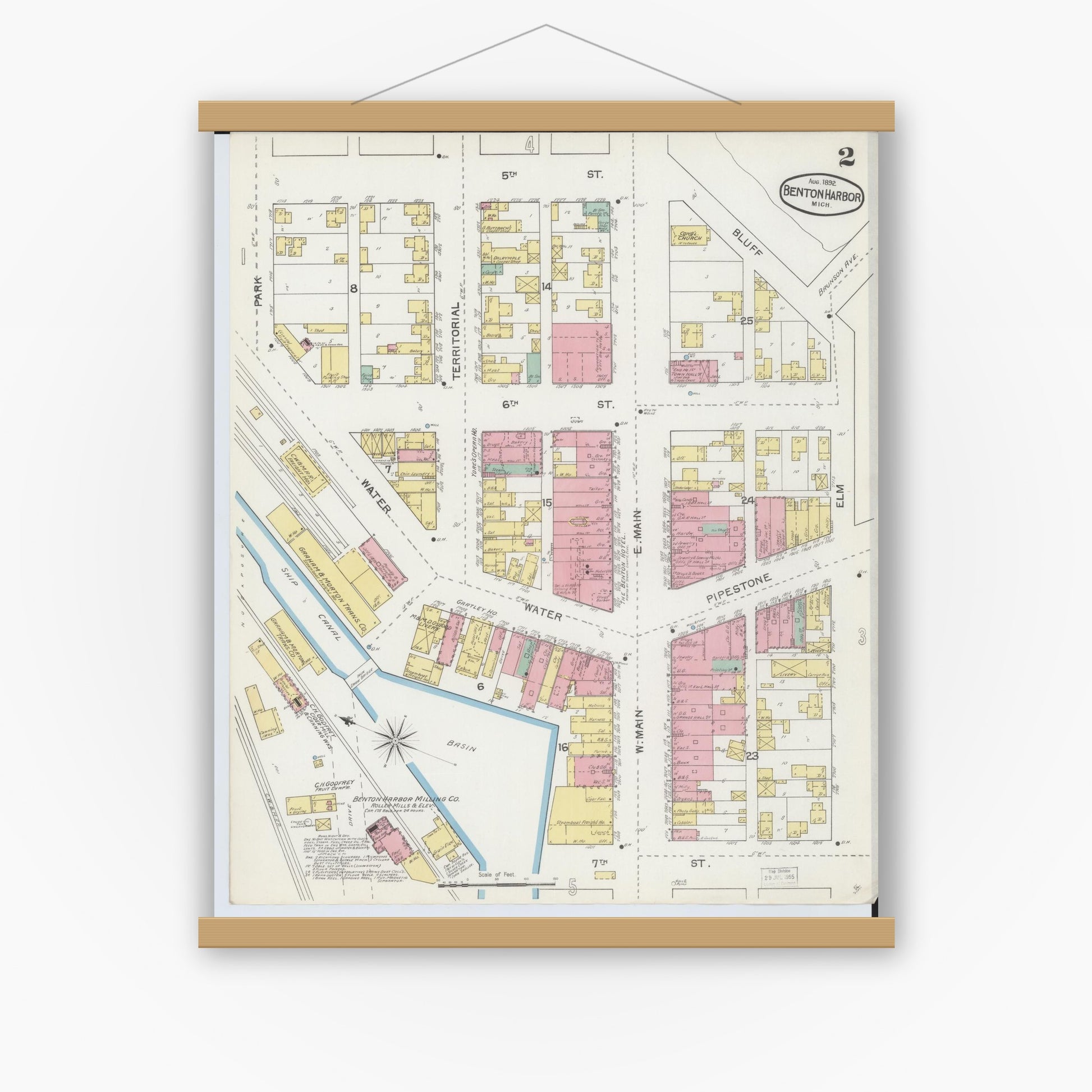 Old map wall art mockup — magnetic wood frame on white wall — Sanborn Fire Insurance Map from Benton Harbor, Berrien County, Michigan (1892), Sheet #0002
