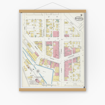 Old map wall art mockup — magnetic wood frame on white wall — Sanborn Fire Insurance Map from Benton Harbor, Berrien County, Michigan (1892), Sheet #0002