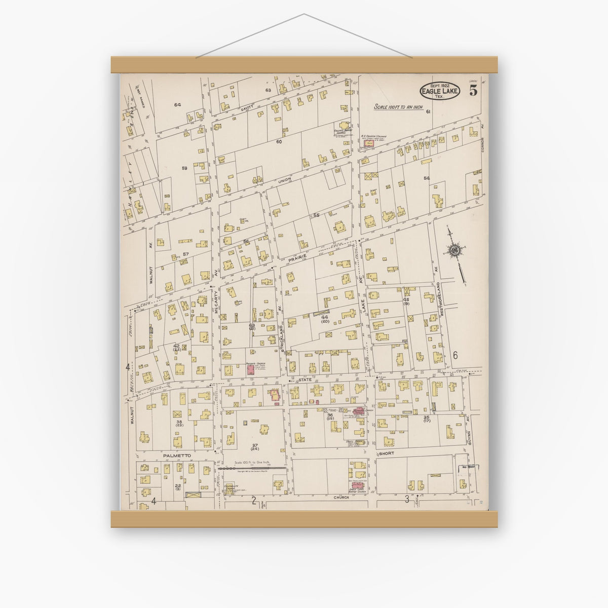 Old map wall art mockup — magnetic wood frame on white wall — Sanborn Fire Insurance Map from Eagle Lake, Colorado County, Texas (1922), Sheet #0005