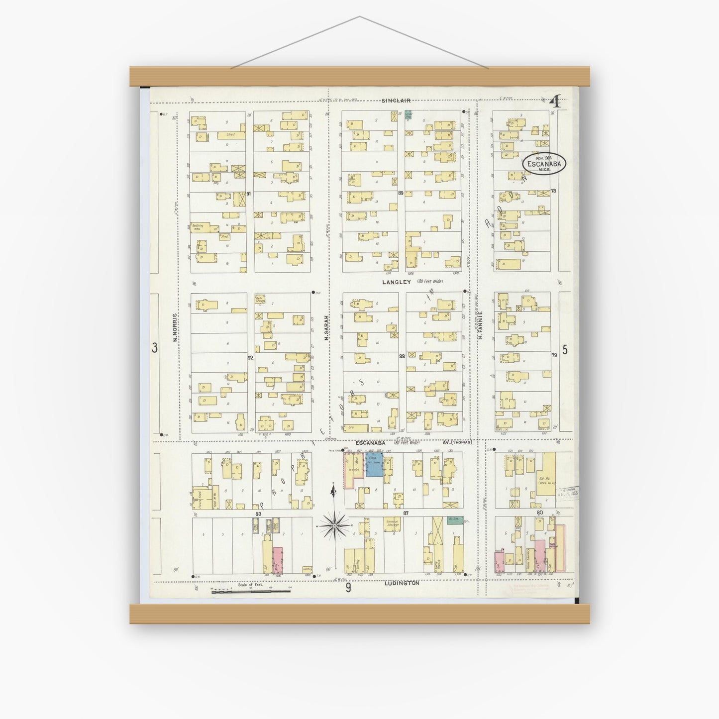 Old map wall art mockup — magnetic wood frame on white wall — Sanborn Fire Insurance Map from Escanaba, Delta County, Michigan (1906), Sheet #0004