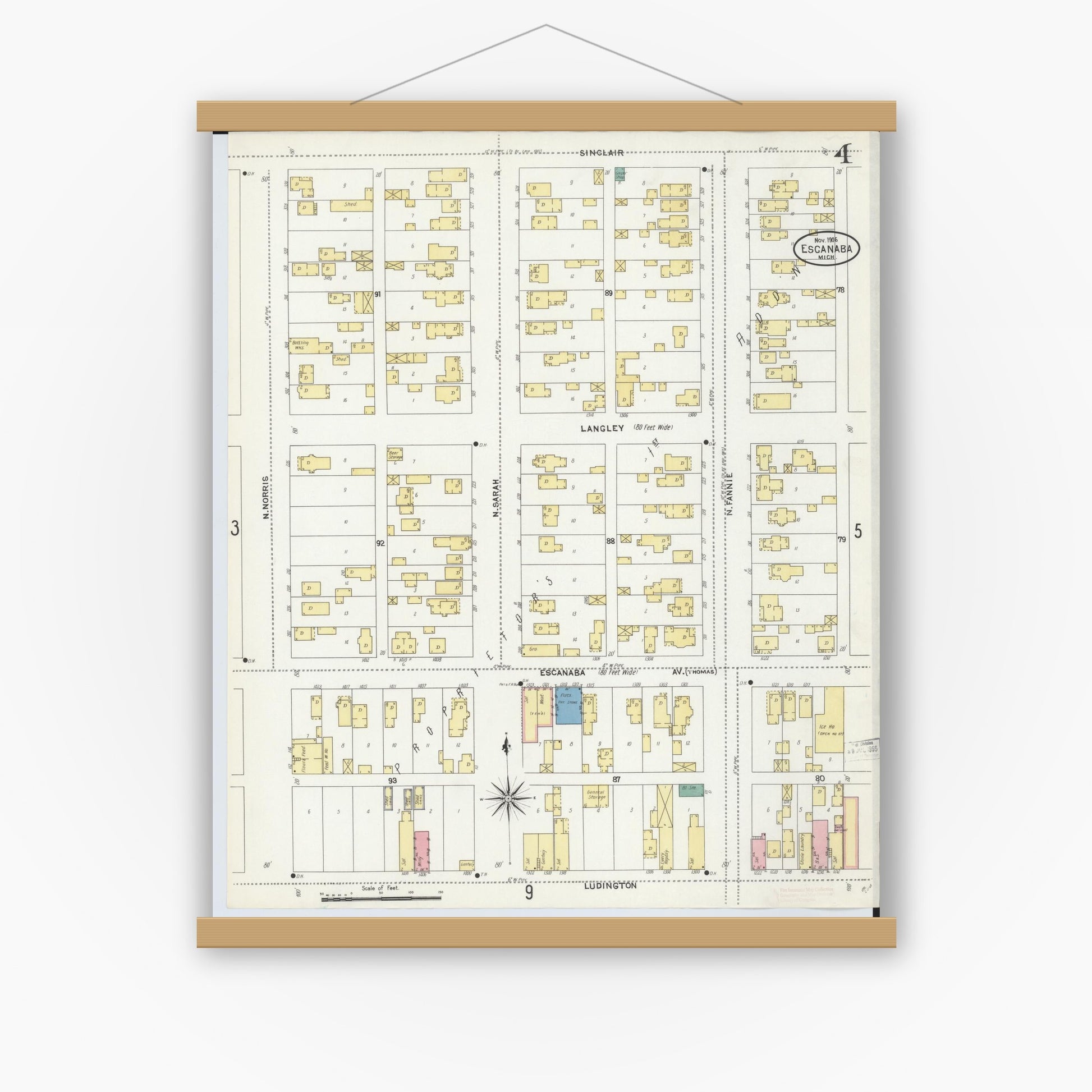 Old map wall art mockup — magnetic wood frame on white wall — Sanborn Fire Insurance Map from Escanaba, Delta County, Michigan (1906), Sheet #0004