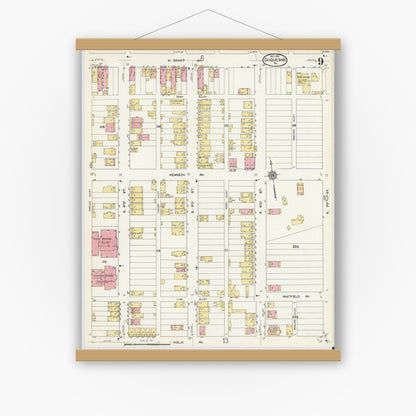 Old map wall art mockup — magnetic wood frame on white wall — Sanborn Fire Insurance Map from Duquesne, Allegheny County, Pennsylvania (1911), Sheet #0009