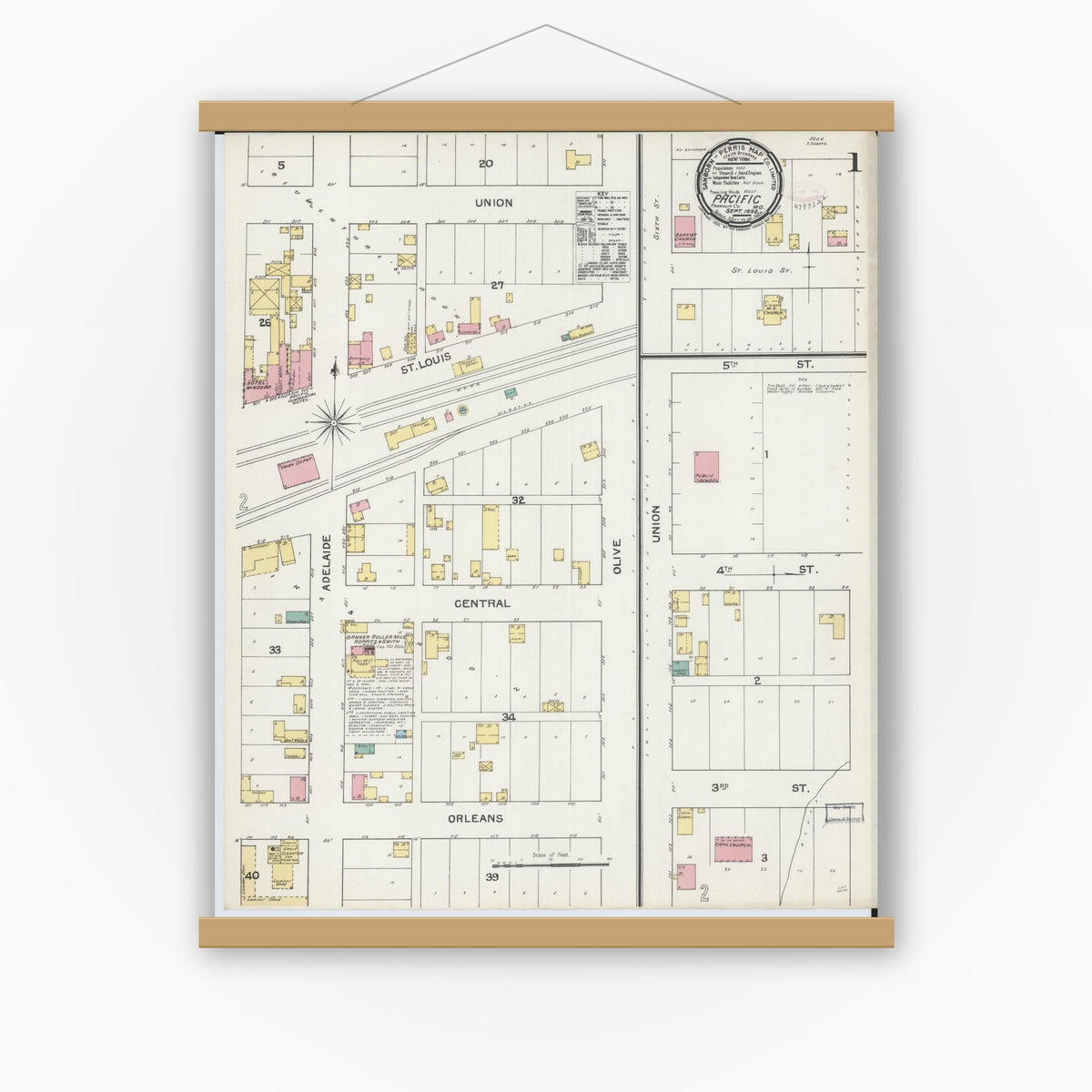 Old map wall art mockup — magnetic wood frame on white wall — Sanborn Fire Insurance Map from Pacific, Franklin County, Missouri (1892), Sheet #0001